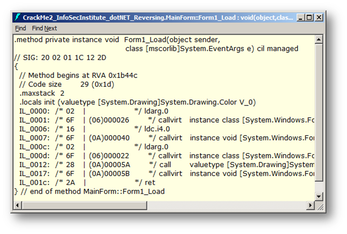 Figure 1 ILDasm IL + bytes representations encoded Form1_Load() method