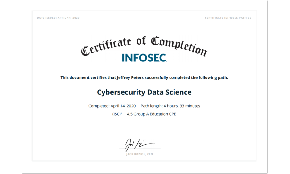 Infosec Skills certificate of completion