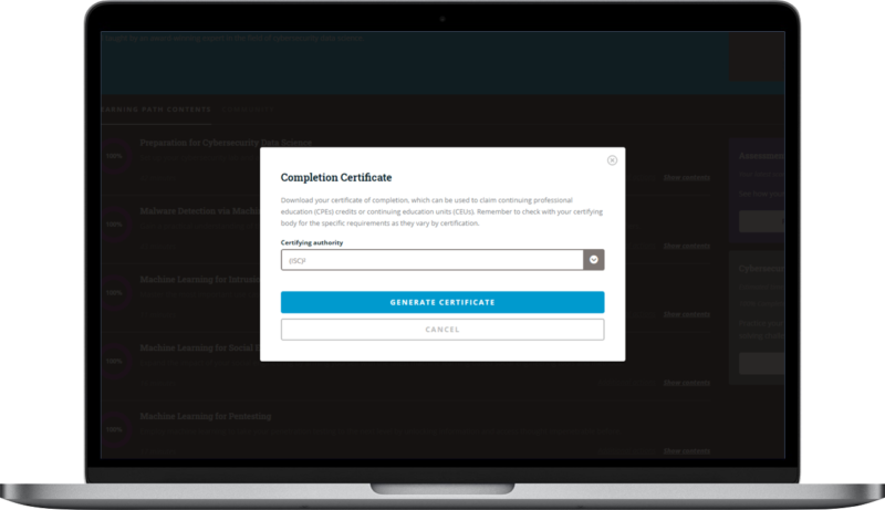 Infosec Skills completion certificate menu