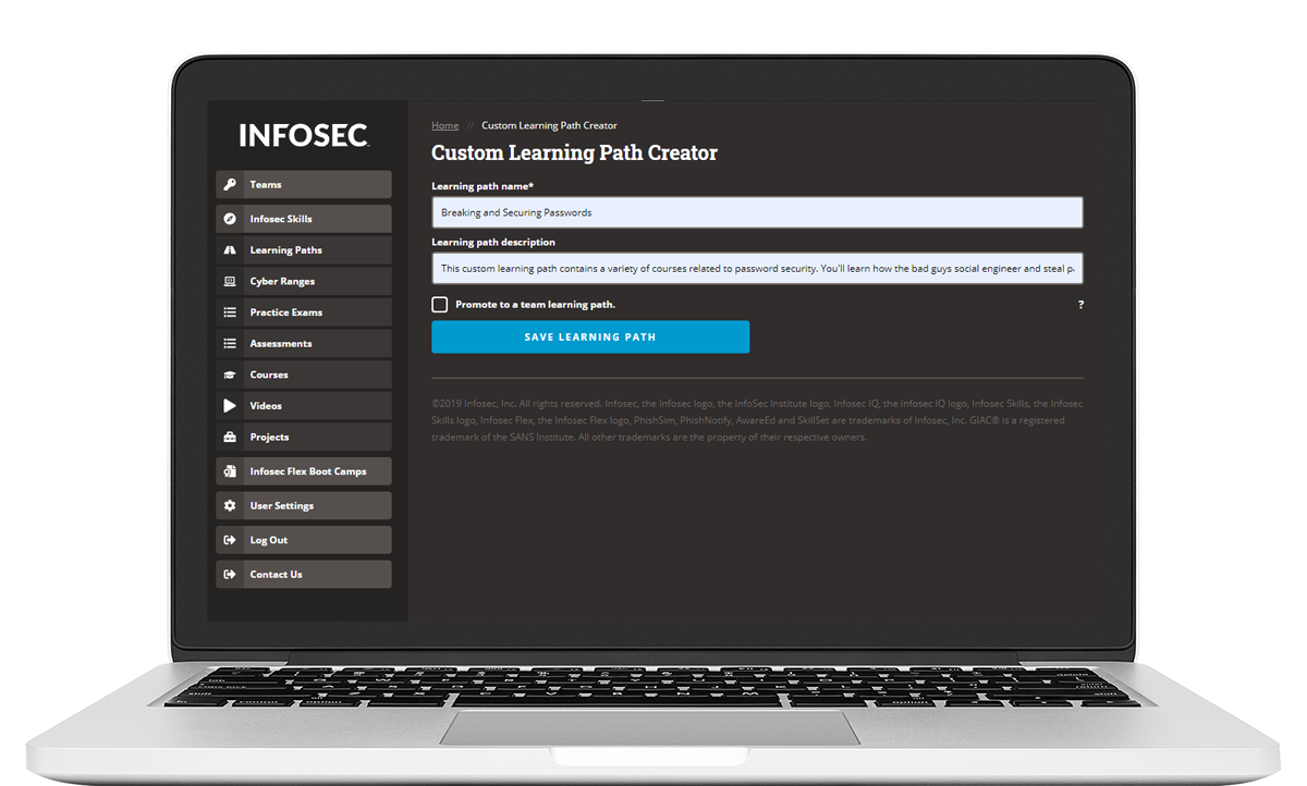 Infosec SKills custom learning path creator